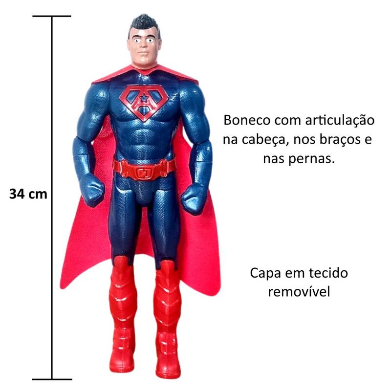 Boneco Infantil Super Herói Action Man +Capa 34cm Articulado